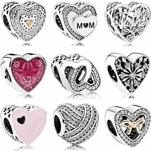 Original Pave Lavish Heart Mother & Son Bond With Crystal Bead Charms Fit Europe Bracelet 925 Sterling Silver Bead DIY Jewelry