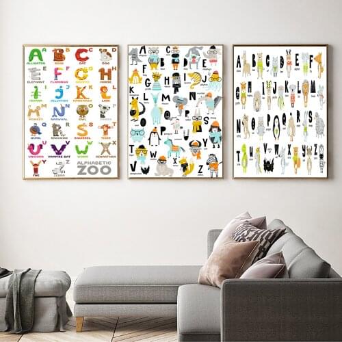 Alphabet Poster Number Educational Canvas Painting Nursery Wall Art Prints Animals Illustration Learning Picture Kids Room Decor