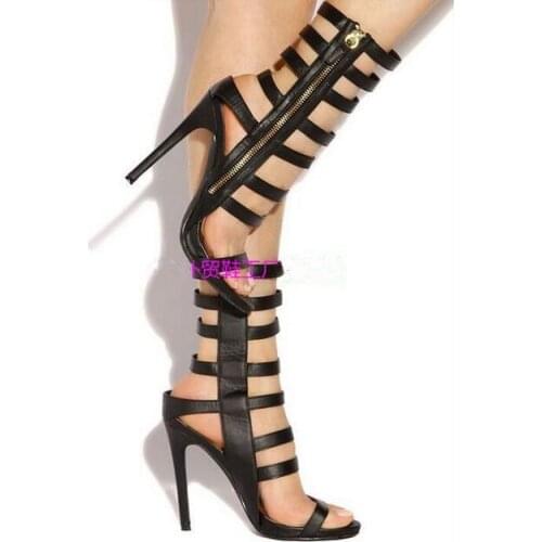 Black leather narrow band cut-outs stiletto high heels gladiator sandal side zipper high heels sandals for woman dress shoes