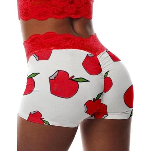 Hirigin 2021 New Fashion Sexy Women Booty Workout Shorts Lace Patchwork Trim Lips Print Elastic Waist Ruched Shorts Sleepwear