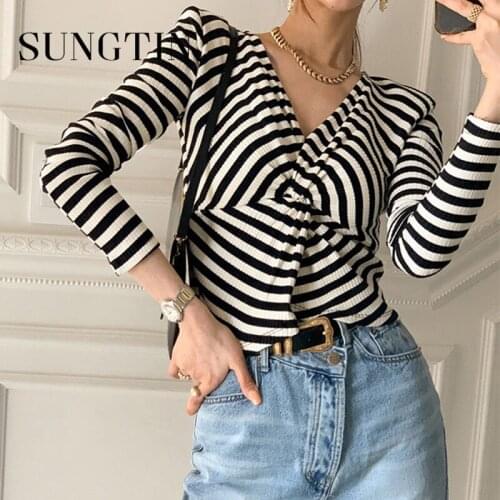 Sungtin Sexy Striped T Shirt Women Slim Korean Long Sleeve T Shirts Female Soft Spring Autumn Color Block 2021 New Fashion Tees