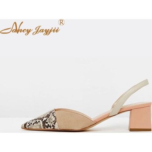 Female Shoes Woman Ladies Pumps Animal Print Pointed Toe Ankle-Wrap High Square heels Mature Fashion Elegant Snakelike 2019
