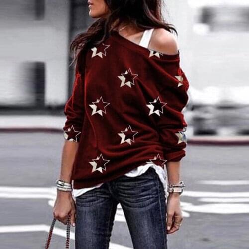 Umeko 2020 Autumn and Winter Women Fashion Long Sleeve Star Printed Off Shoulder Tops Casual Loose Pullovers Coats Plus Size
