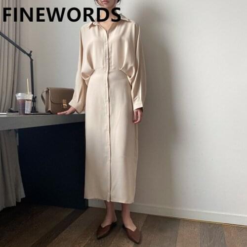 FINEWORDS Spring Korean Chic Single Button Shirt Dress Loose Casual Classic Dress Turn-down Collar Knee-length Retro Midi Dress