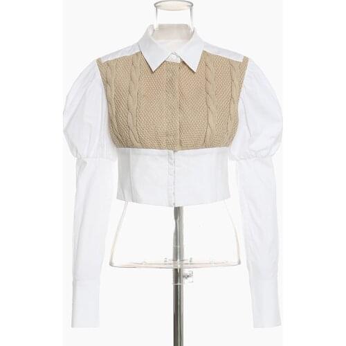 Johnature Knitting Patchwork Puff Sleeve Short Womens Tops 2021 Spring New Loose Fashion High Street Shirts