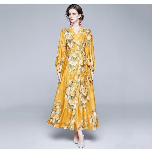 Autumn Women Maxi Dresses Elegant Floral Printed V Neck Lantern Sleeve Slim Vintage Beach Boho Long Dress Party Vestidos Robes