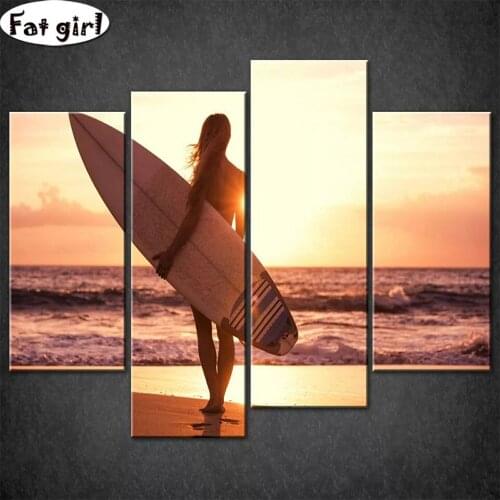 3d mosaic Surfing beauty back view Square Round DIY Diamond Painting Sunset beach landscape Rhinestone pictures Embroidery icon