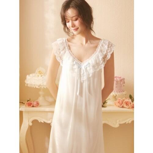 Free Shipping 2021 NEW Vintage Summer Nightgowns Womens Short White Pijamas Gril Sleepwear Lace Slip pijama feminino