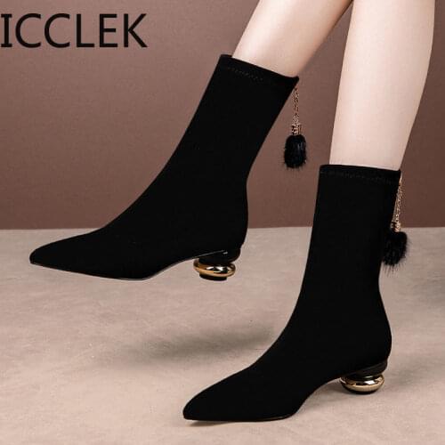 Large Size 35-41 Woman Med Heels Ankle Boots Flock Colorful Rhinestone Heeled Boots Black Female Dress Shoes Botas Mujer