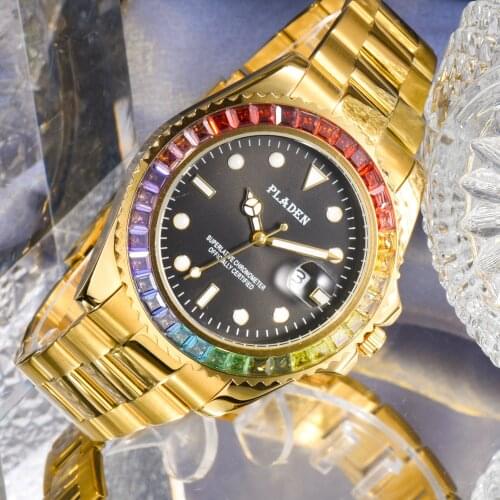 PLADEN 18K Gold Men Watch Rainbow Diamond Bezel Stainless Steel Special Clasp Automatic Date Fashion Quartz Clock Dive Swim Man