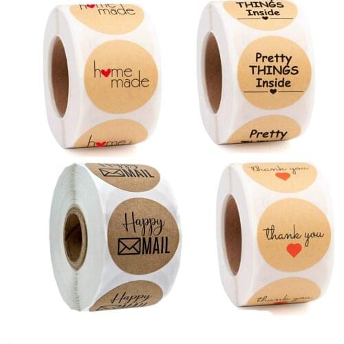 Home Made Stickers 500-Count 1" Thank You Happy Mail Seal Label Tag Kraft Paper Heart Sticker for Craft Gift Event Business