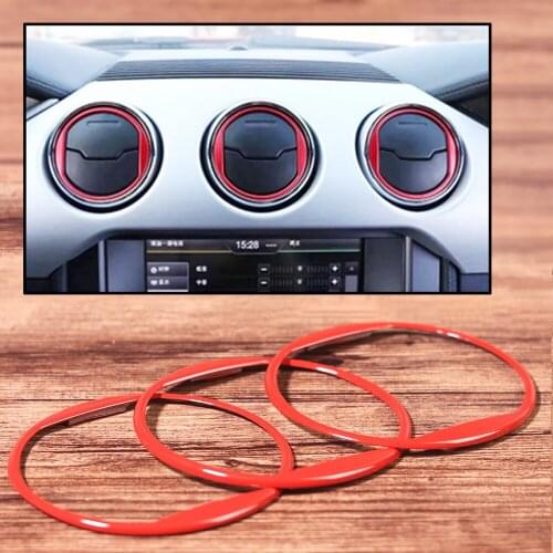 3Pcs Aluminum Alloy Red Dashboard Center Air Condition Vent Outlet Ring Circle Trim Cover Sticker For Ford Mustang 2015- 2017