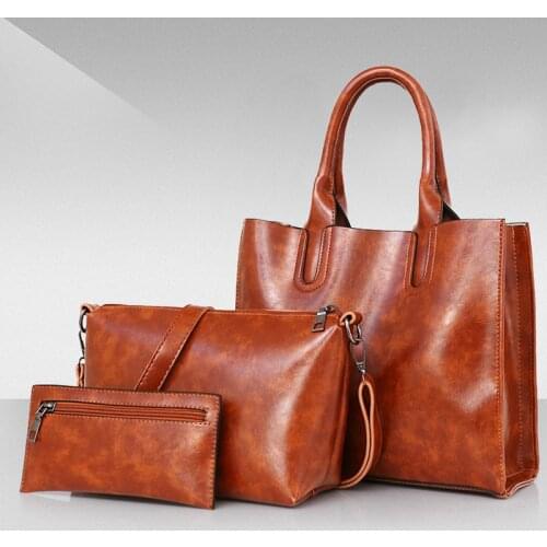 3PCS Womens Bag Set Fashion Oil Wax PU Leather Ladies Handbag Solid Color Messenger Bag Shoulder Bag Wallet Bags for Women 2021