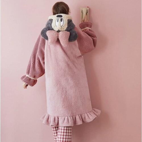 Coral Fleece Sleepwear Women Autumn and Winter Home Clothes Cartoon Mouse Thicken Pijama Womens Pajamas Hooded Nightgown Plush