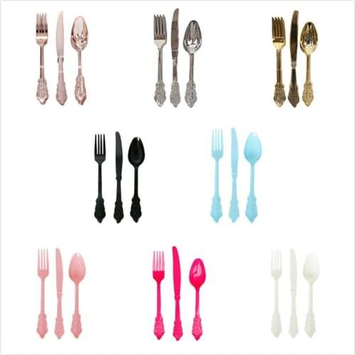 Disposable Knife Plastic Spoon Colored Tableware Set Travel Set Hollowed Out Design Fork Wedding Plastic Tableware Party Decor