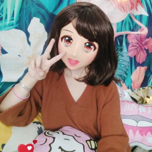 Ouzha-01)Japan Anime Kigurumi Masks Cosplay Kigurumi Cartoon Character Role Play Half Head Lolita Doll Mask With Eyes And Wig