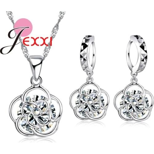 925 Sterling Silver CZ Zircon Rose Flower Necklace Piercing Earrings Women Girl Best Gift Classic Wedding Jewelry Sets