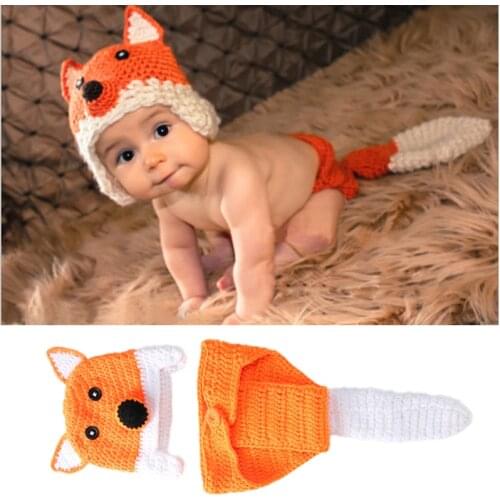 Newborn Photography Props Baby Fox Clothes Caps With Tails Infant Pictures Costumes Crochet Outfits Animal Photo Accessories