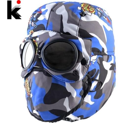 Winter Bomber Hats Boys Girls Warm Outdoor Thick Hats With EarFlaps Kids Windshield Trapper Masks Hat Children Russian Snow Hat
