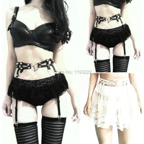 Sexy Punk Goth Rivet Double Rows Studded Leg Garters, Real Leather Handmade Waist Belt with Large Big Heart Garter Belt