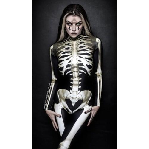 Scary Skeleton Jumpsuit Halloween Costumes for Women Adult Cosplay Bodycon Carnival Party Streetwear Sexy Tight Outfit Horror