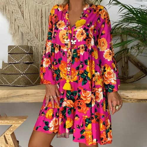 Bohemian Women Vintage Dresses Casual Summer Floral Print V-neck Short Sleeve Party Dresses Harajuku Loose Dresses Plus Size