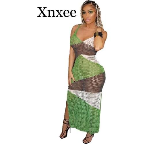 Knitted Crochet Beach Dress Women Summer Sexy Mesh Long Dress See-through Hollow Out Side High Split Party Beach Sundress Boho