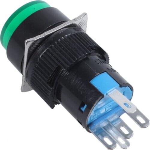 WSFS Hot AC 250V 5A SPDT 1NO 1NC 5 Pins Latching Green Push Button Switch w 220V LED Lamp