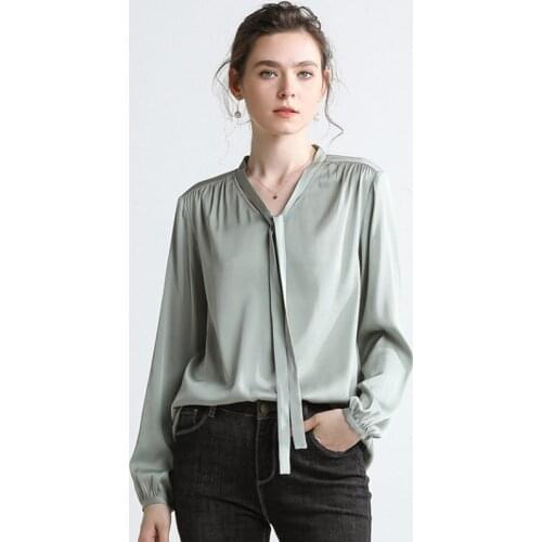Newest 100% real silk sand washed lady shirt 16mm mulberry silk overshirt female solid color satin cloth long sleeve ribbon top