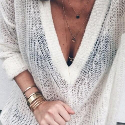 BBYES Women Sexy Deep V Thin Sweater Womens Clothing Solid Knitted Jumper Sweaters Long Sleeve Blouse Casual Office Pull Femme