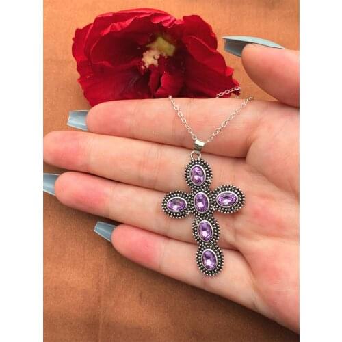 ANGLANG Fashion Purple Cross Necklace for Women Shiny Stylish Party Accessories Female Statement Neck Jewelry