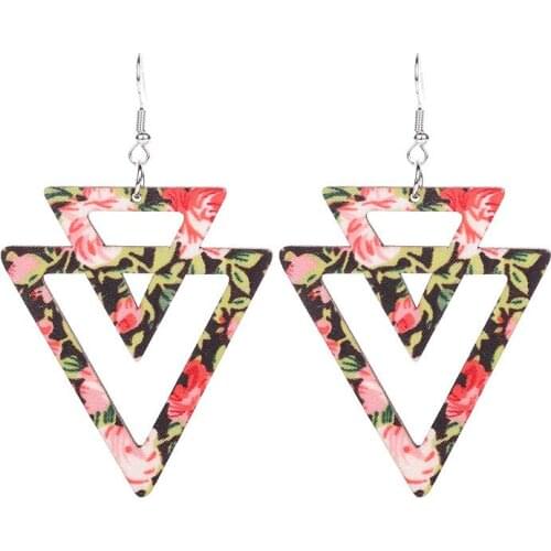 2021 New Design African Wooden Women Hollow Out Geometric Statement Earrings Vintage Natural Wood Triangle Drop Hook Earrings