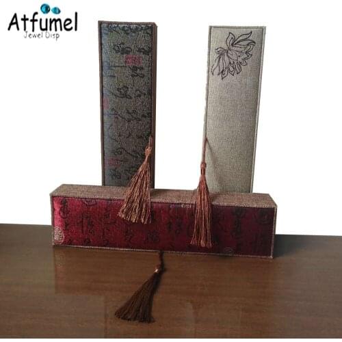 3Pcs Tassel Linen Necklace Jewelry Gift Box Retro Calligraphy Lotus Screen Pendant Bracelet Pear Chain Storage Box Wholesale