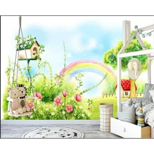 Custom children room background decoration 3d wallpaper blue sky white clouds rainbow big tree landscape painting 3d wallpaper