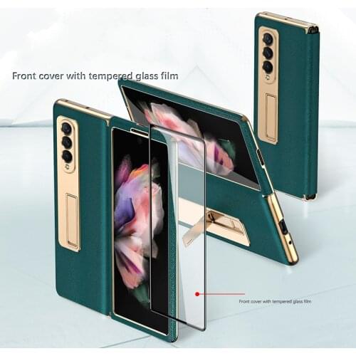 Case For Samsung Galaxy Z Fold 3 Leather Flip Cover Kickstand Function Plating Frame Hard Back Case For Z Fold3 5G With Glass