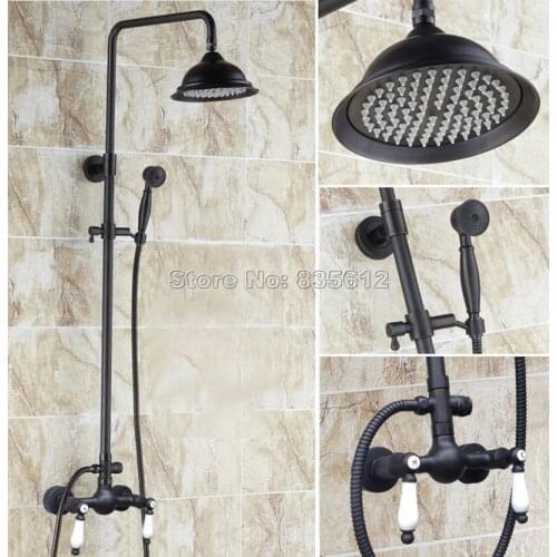 Black Oil Rubbed Bronze Bathroom Rain Shower Faucet Set with Hand Spray & Wall Mounted Dual Ceramic Handles Mixer Taps Wrs472