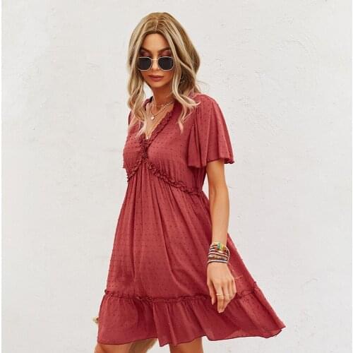 Short Flying Sleeve Dress Solid Colored Fashion Womens Clothing New 2021 Summer Comfort Skirt Beach Style V-Neck Party Outfits