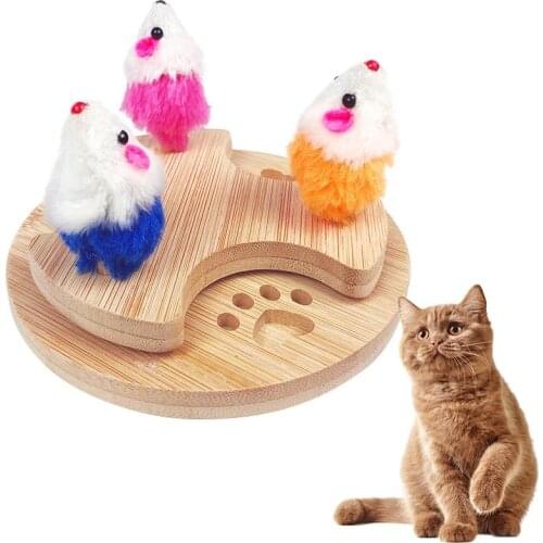 Interactive Cat Toy Natural Wood Cat Turntable Toy Creative Funny Kitten Teasing Toys Spinner With Lifelike Plush Mice Cats Toys