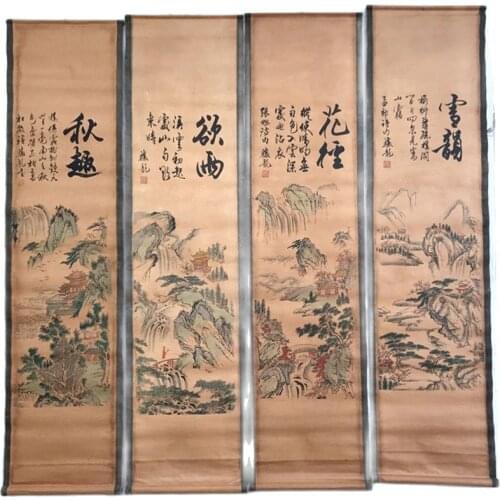 China Old Scroll Painting Four Screen Paintings Middle Hall Hanging Painting Calligraphy Landscape In Four Seasons Drawing
