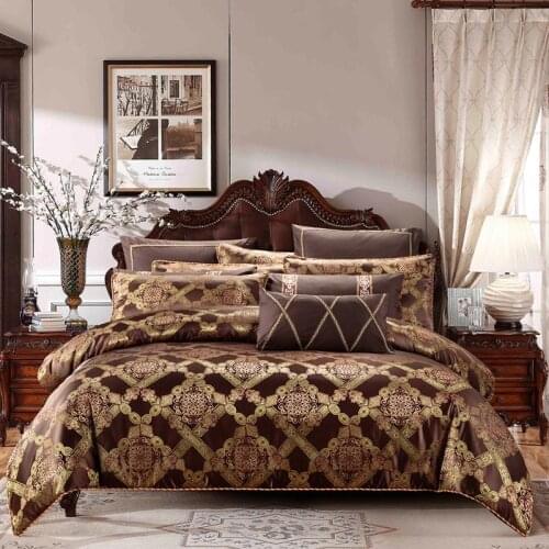 38Brown Coffee jacquard Luxury Bedding set cotton stain bed duvet cover king queen size bed sheet set juego de cama linge de lit