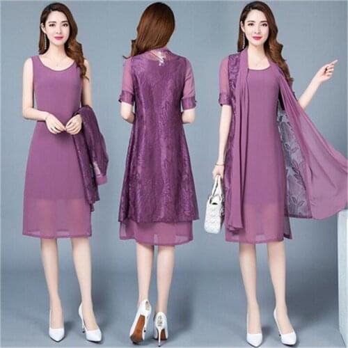 Summer dress womens middle-aged 2019 Korean Vintage printing two-piece dress plus size fashion elegant Office dress