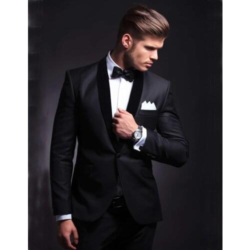 Custom Made Groomsmen Black Groom Tuxedos Shawl Velvet Lapel Men Suits Wedding Best Man Blazer ( Jacket+Pants+Tie ) C528