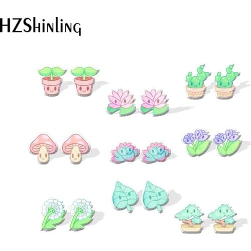 2021 New Green Plant Stud Earring Smile Succulent Leaf Sapling Crystal Acrylic Resin Earrings Epoxy Handmade Jewelry Gifts Girl