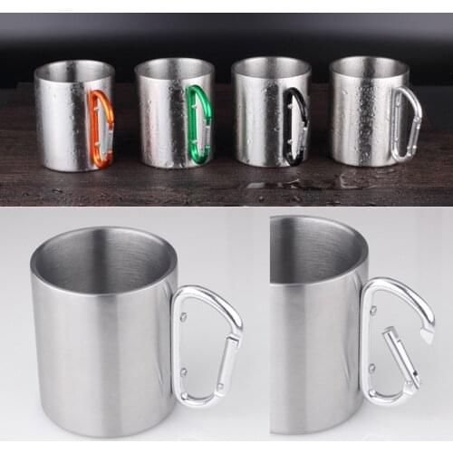 Camping Travel Cup Stainless Steel Outdoor Camping Mug 300ml with Handle Carabiner Climbing Backpacking Hiking Portable Cups