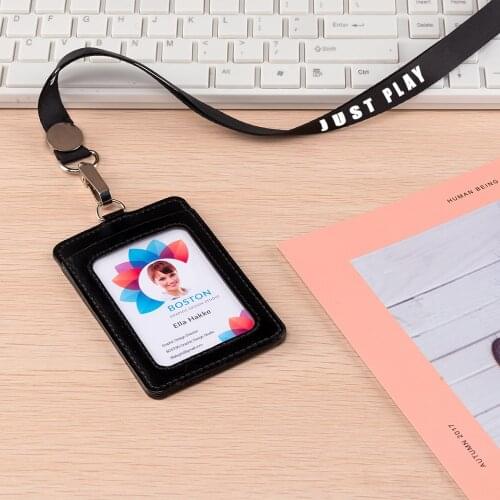 1 pcs polyester lanyards with leather id card holder