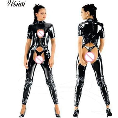 Sexy Women Black Wet Look Catsuit Bodycon Open Crotch PVC Latex Jumpsuit Faux Leather Bodysuit Nightclub DS Dance Costume