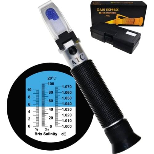 Tri-Scale Refractometer ATC Brix 0-10%/ Salinity 0-100PPT/ Specific Gravity 1.000-1.070 for Saltwater Sea Water Aquarium