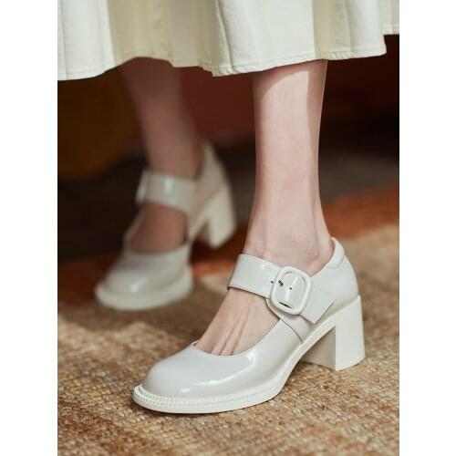 EshtonShero New Women Buckle Square Med Heels Pumps Summer Buckle Pumps Retro White Casual Cow Leather Round Toe Shoes Woman