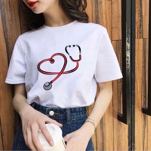 Fun Retro Top girls Short Sleeve Women tshirt Harajuku Hipster Tshirt female Stethoscope Love heart shape print lady T shirt