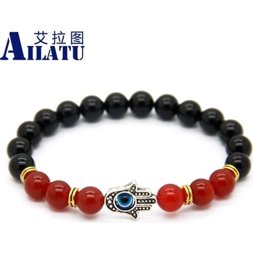 Ailatu New Design 8mm Beaded Hamsa Bracelets Natural Black and Red Onyx Beads Jewelry Party Gift